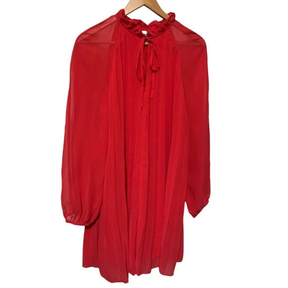 ASOS Red Chiffon Pleated Trapeze Dress w. Ruffle Neckline & Tie - Size 10 - Picture 2 of 16